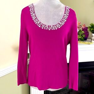 Women's Embellished Scoop Neck Long Sleeve Top - Magenta